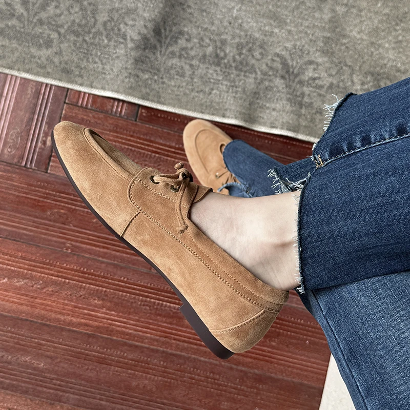 Women Pumps Low Heels Round Toe Lace Up Sheep Suede Quality Shoes Woman Retro Lace-Up Office Lady Working Spring Summer 2025 New 2