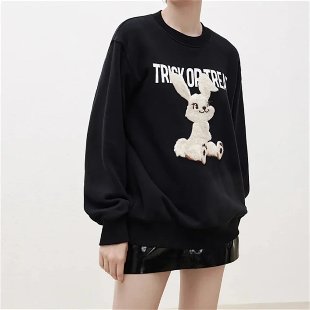 

Women Letter Print Flocked Cartoon Rabbit Pattern Sweatshirt 2022 Winter New Rabbit Collection Versatile Casual Couple Pullover