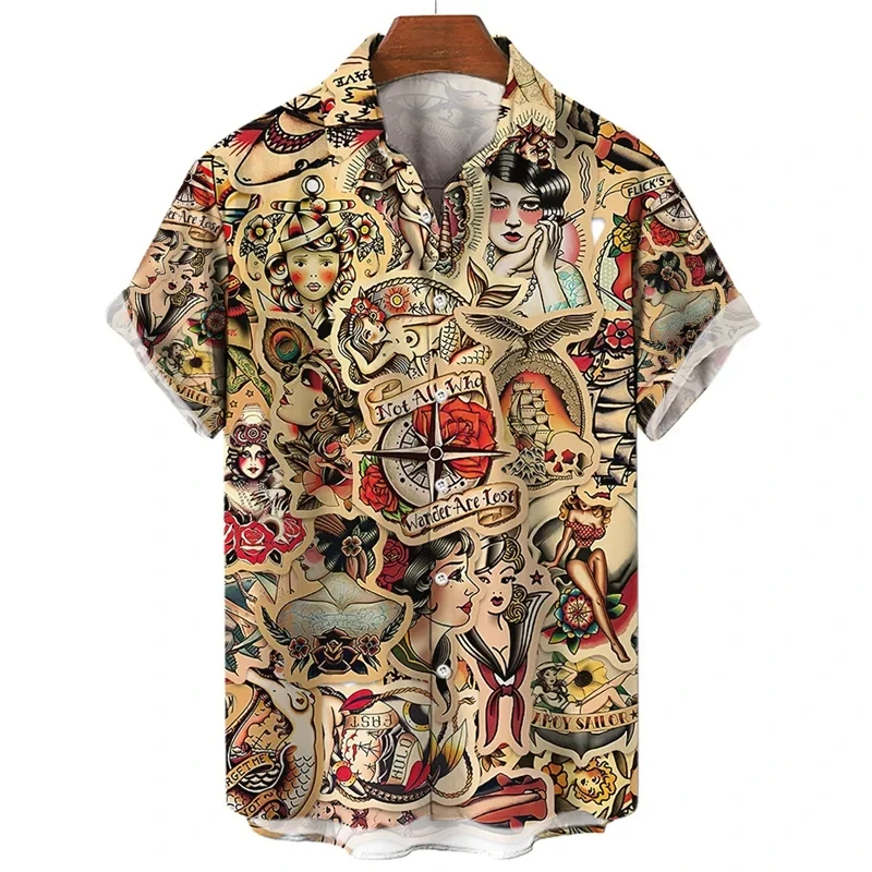 thumbnail image 1 of Camisa con estampado 3D de temática de humanidades para hombre y mujer, informal, de manga corta, con solapa y botones, camiseta de gran tamaño para hombre, 1 of 5