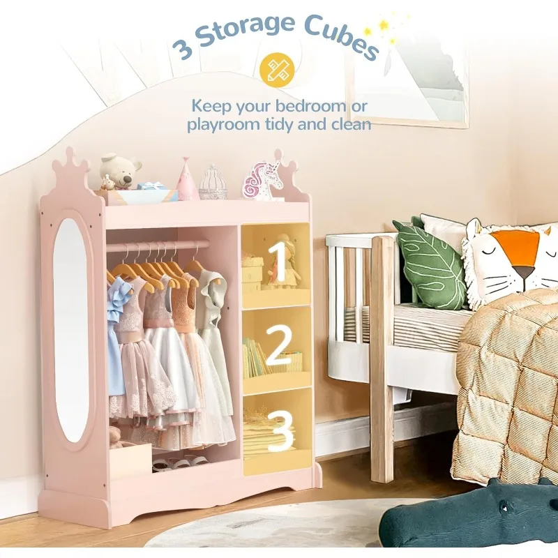 Kids Dress up Storage with Mirror, Wardrobe with 3 Hooks, Kids Closet for Girls Boys, Armoire Costume Organizer