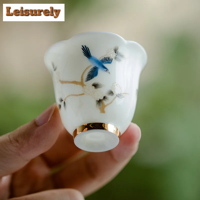 35ml Chinese Mutton-fat Jade White Porcelain Tea Cup Handmade Flower And Flower Tea Bowl Teaset Master Cup Travel Meditation Cup