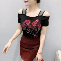 Sexy Off Shoulder T Shirt For Women Luxury Flower Diamonds Short Sleeve Tee Summer Fashion Womens Mesh Tee Shirts Top - Image 5