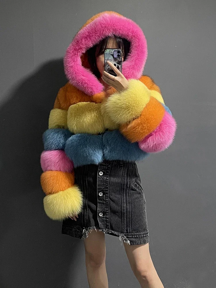 

rf23114 Rainbow Color Real Fox Fur Hoodie for Women Natural Fur Cropped Coat