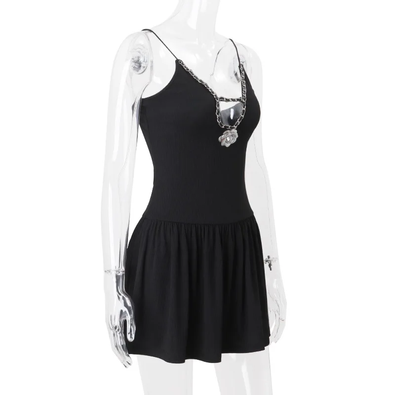 Deep V Neck Flower Sexy Mini Dress For Women Black New Spaghetti Strap Slim Fit Sleeveless Club Party Elegant Dress