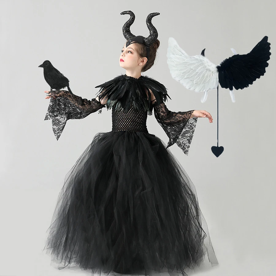 Black Evil Witch Gown Tutu Dress For Baby Girls With Feather Shawl Victorian Kids Dark Queen Villain Cosplay Fancy Costume