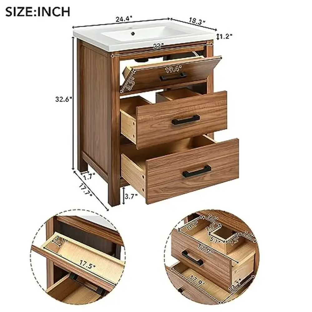 Bathroom Vanity Cabinet 24inch with Undercounter Ceramic Sink 3 Storage Drawers Easy Assembly Birch MDF Stainless Steel Handles