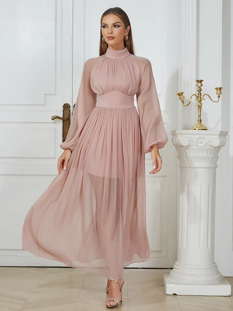 

Fashion Women Long Puff Sleeve Pink Elegant Maxi Dresses Sexy Sparkly Waist Lace Up Casual Birthday Runway Club Party Long Dress