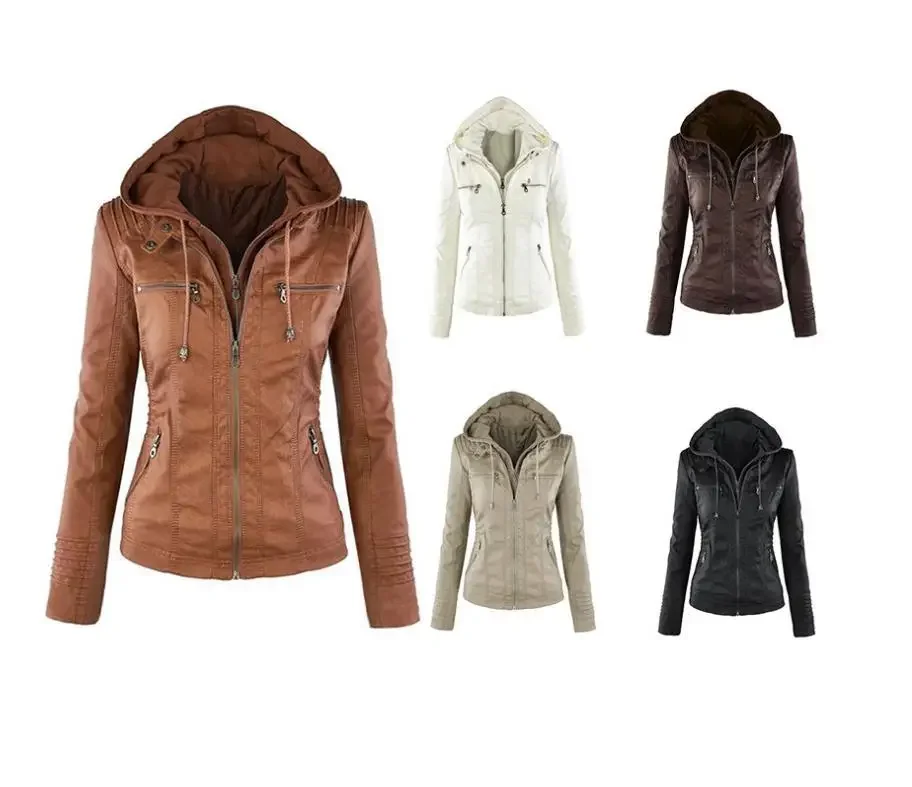 Long Sleeve Solid Color Zipper Hooded Leather Jacket Women's Detachable Crew Neck women leather jacket