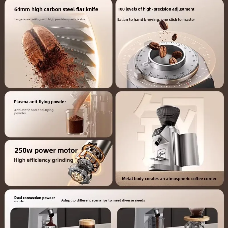 مطحنة حبوب القهوة للاستخدام المنزلي، مطحنة كهربائية للحبوب بشفرات مسطحة 64 مم، تحكم دقيق لطحن متساوي، مناسبة للتحضير اليدوي للقهوة