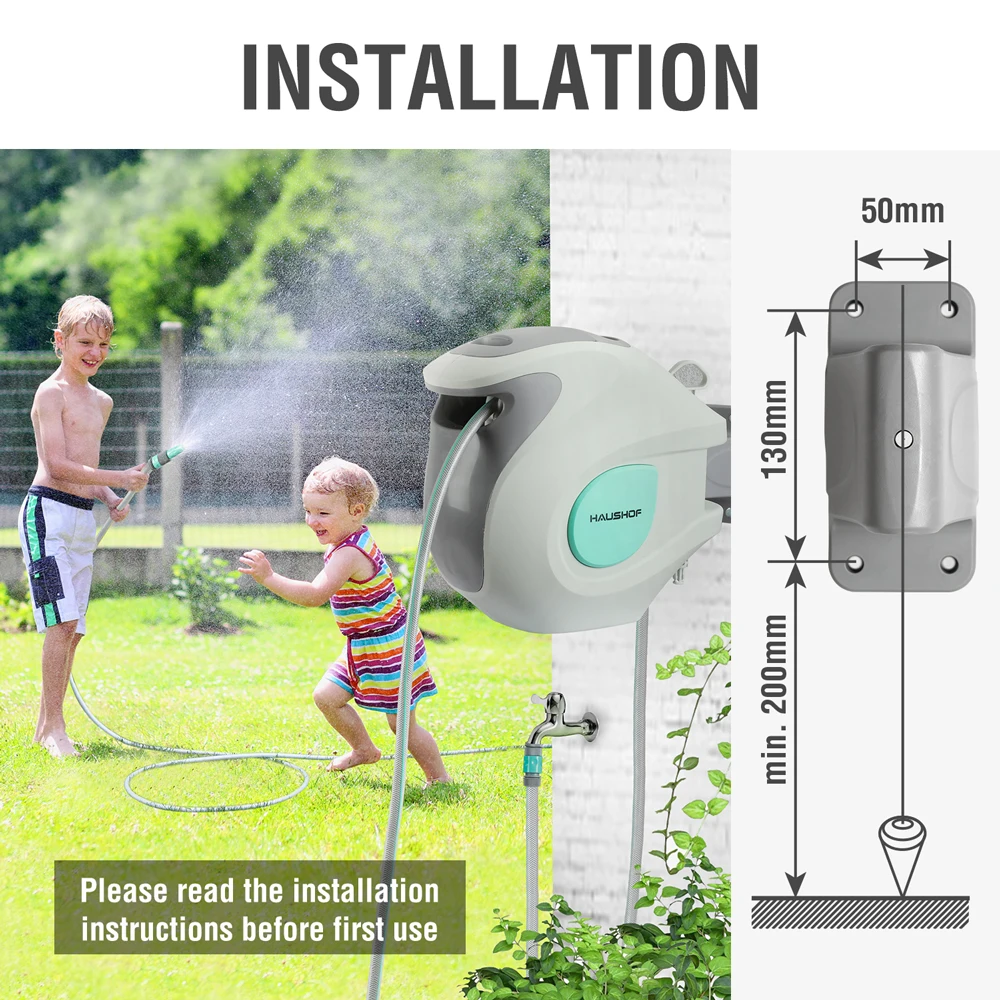 HAUSHOF Hose Reel Wall Mounted Retractable Garden Hose Reel with 20+2M Hose  Locking Mechanism Roll-up Automatic 7 in 1 Spray Gun - AliExpress