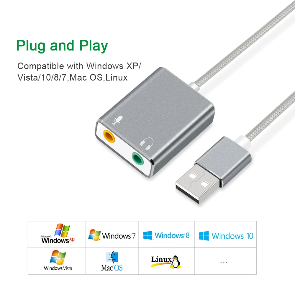 Nworld 7.1 외부 USB 사운드 카드 잭 3.5mm USB 오디오 어댑터, 이어폰 마이크 사운드 카드 맥북 컴퓨터 노트북 PC 용