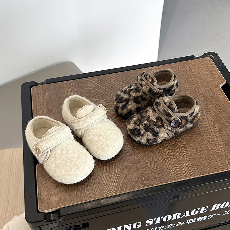 Girls Winter Plush Shoes Leopard Cotton Casual Outdoor