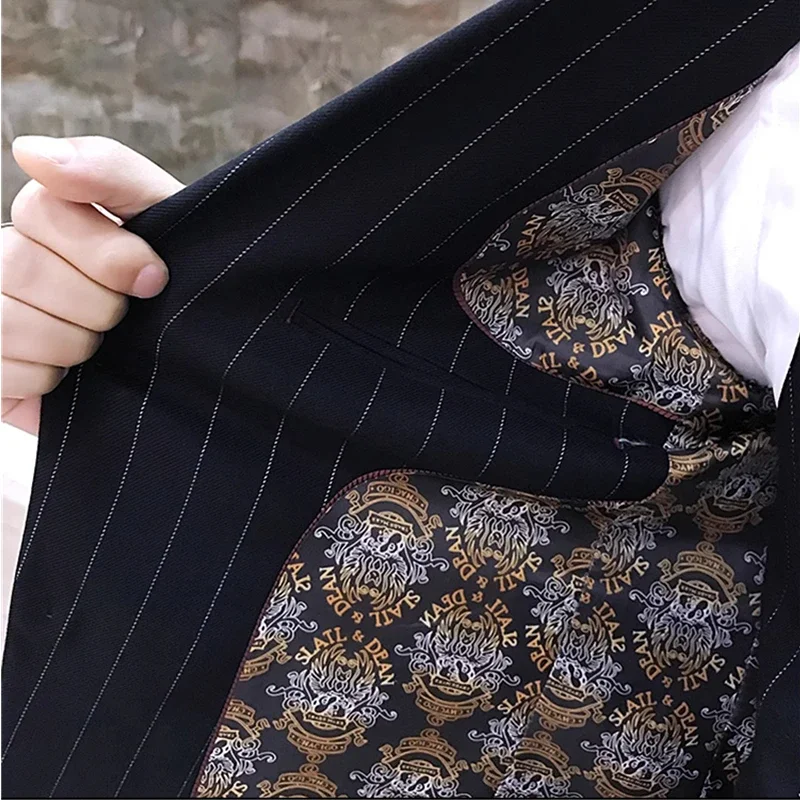 Black Men Classic Striped/Checked Suits, Business Office 3 Piece, Asian Size Slim Fit Men's Dress Jacket & Pants with Vest