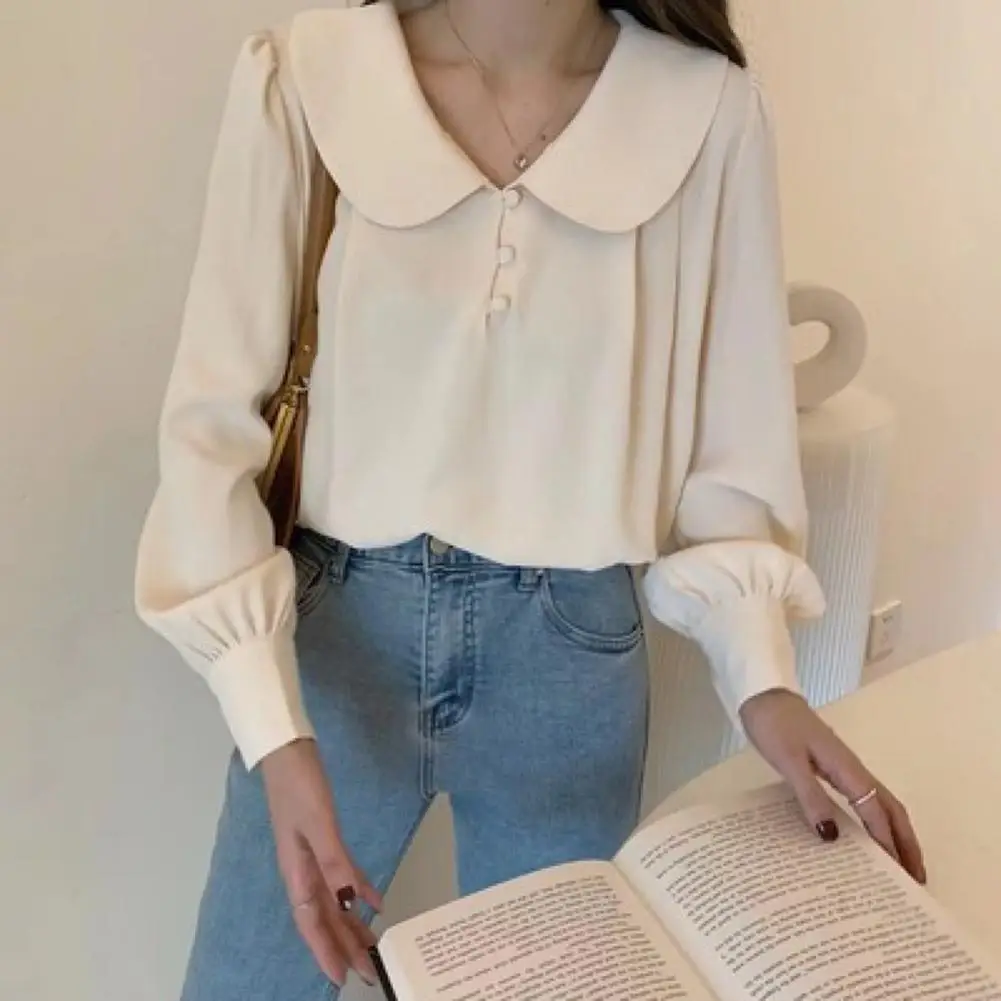 Non-see-through Long Sleeve Top French-inspired Doll Collar Tops for Women Chic Pullovers for Spring Autumn Commutes for Body