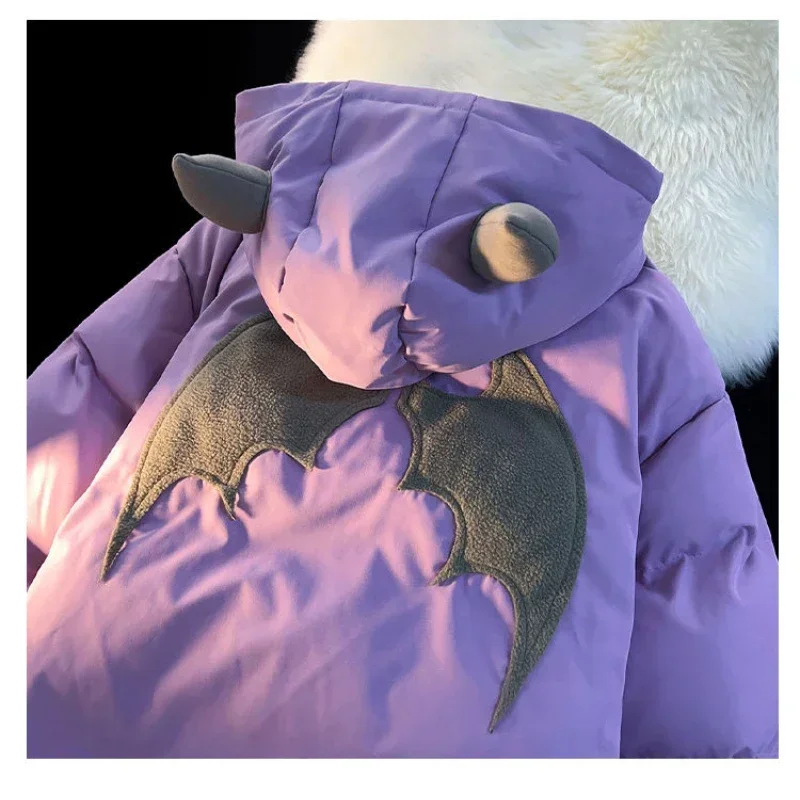 Winter New Cotton Jacket Devil Wing Embroidery Bread Jackets Men's Women's Vintage Harajuku Casual Loose Hooded Cotton-padded 4