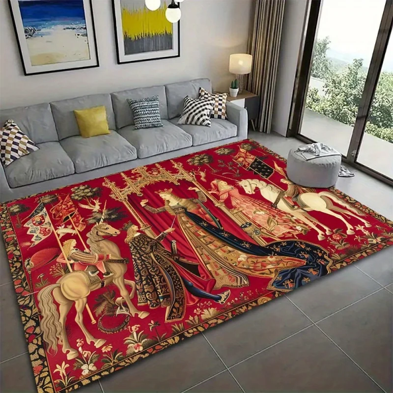 Medieval Area Rug VIKAMA Medieval Unicorn Tapestry Area Rug, Vintage Royal Hunt Scene ...