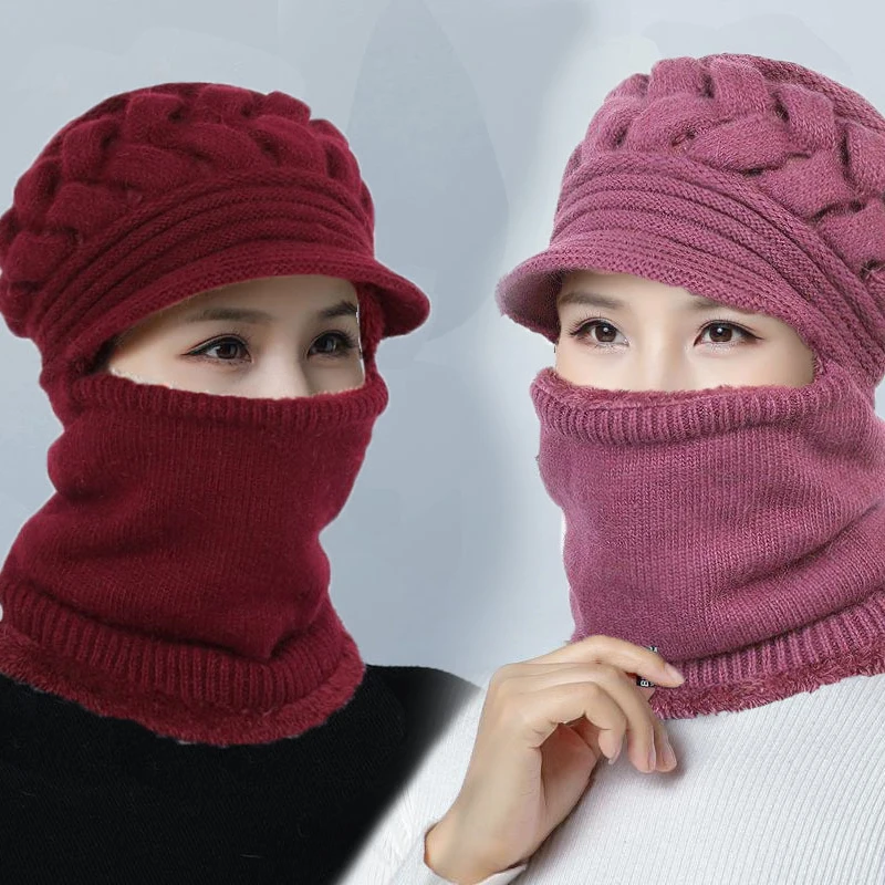 

Coral Fleece Winter Hat Beanies Women's Hat Scarf Warm Breathable Wool Knitted Hat For Women Double Layers Protection Caps