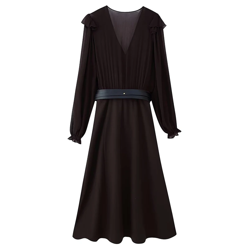 Woman Ruffles Elegant Dress 2025 New Fashion With Belt Women's Party Dresses Long Sleeve V neck High Street Casual Dress ﻿