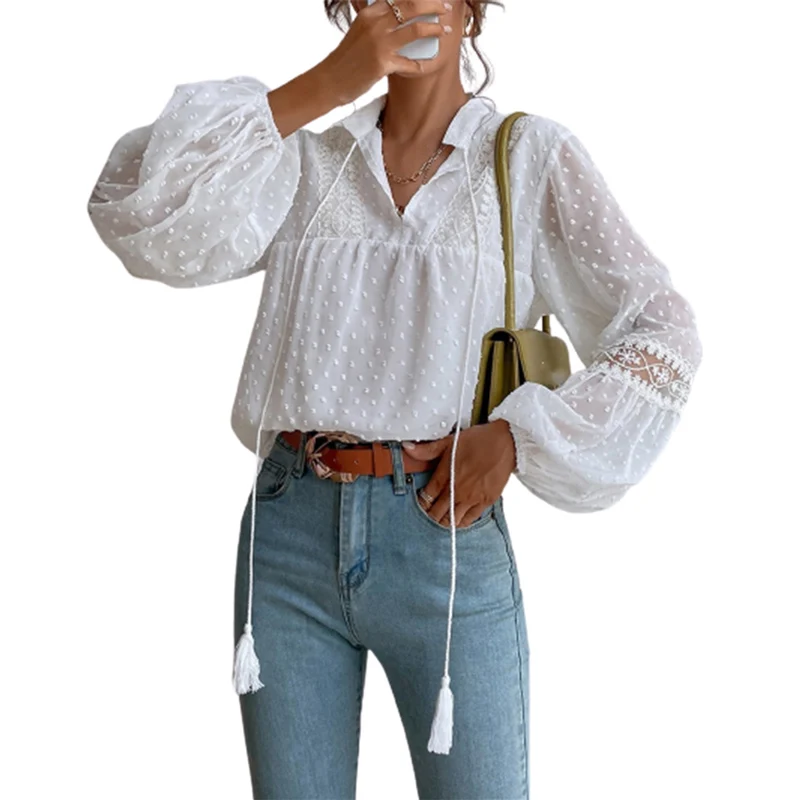 Elegant Double Dragon Whiskers Decoration Half Open Neck Chiffon Shirt Women's Loose Lantern Sleeves Jacquard Blouse Female Tops double dragon trilogy