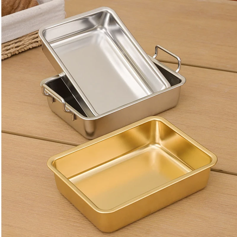 304 Stainless Steel Food Storage Tray with Handle Plates Silver