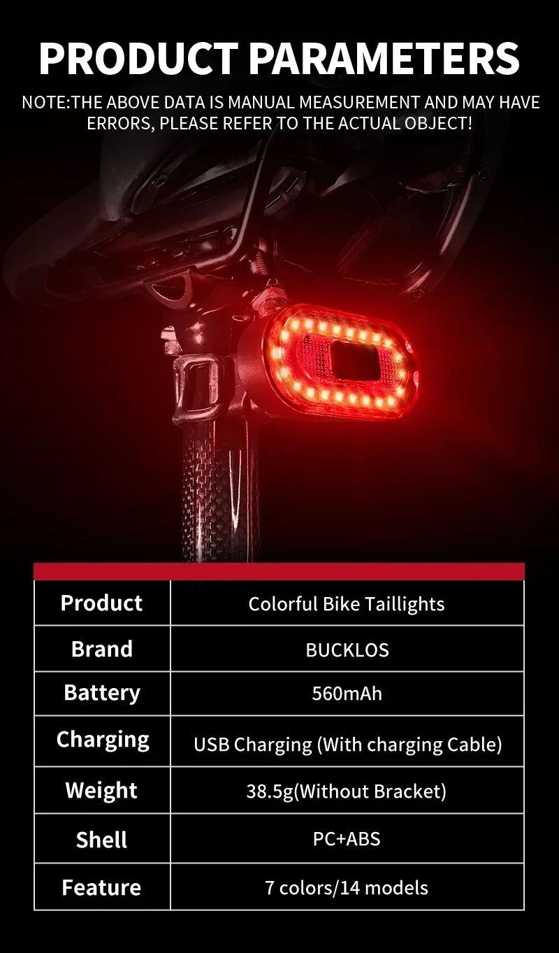 Bike Rear Tail Light 560 MAh Bicycle Lights Memory Mode Rainbow LED Warning Rech