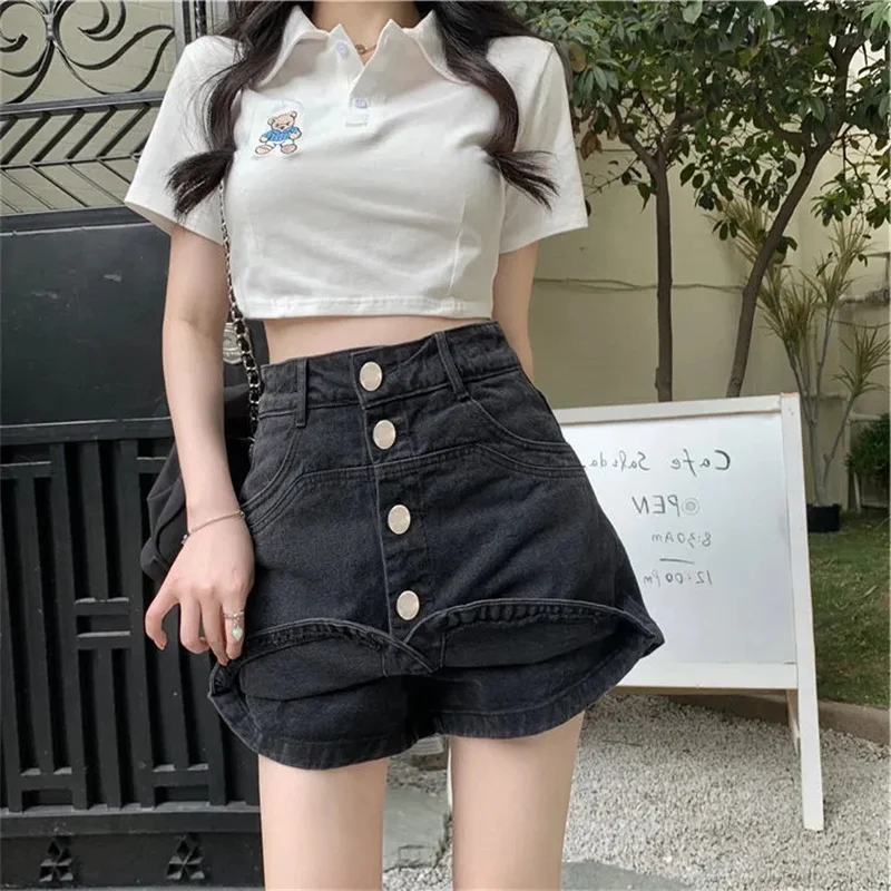 Summer Single-Breasted Denim Shorts Women Korean Fashion High Waist Jean Culottes 2023 Mini Pantskirt Blue Black Baggy Shorts