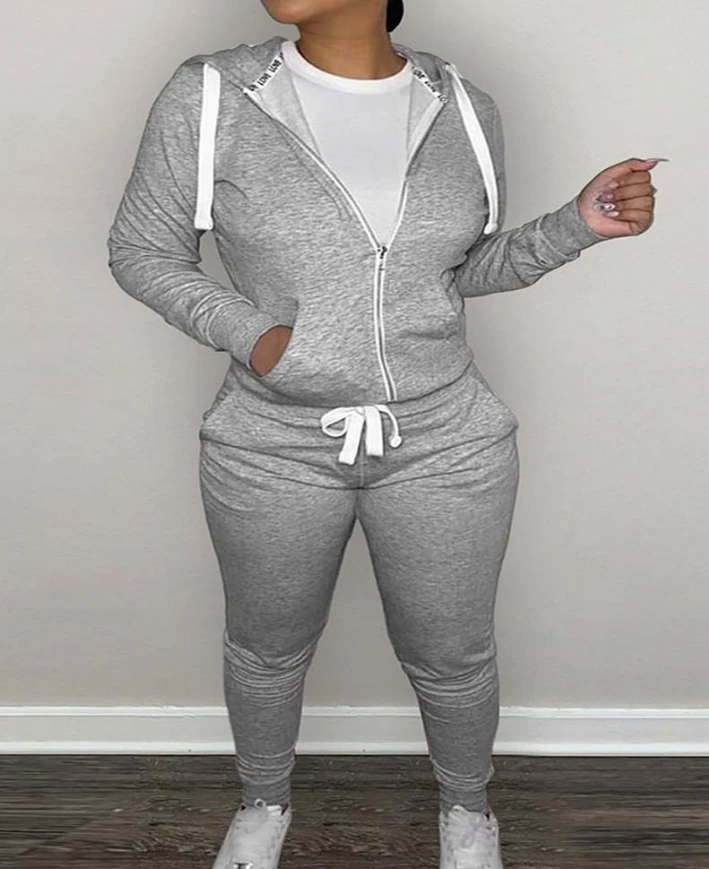 Plus Size Two Piece Set Women Tracksuit 2024 Spring Zipper Design Long Sleeve Sweatshirt Hoodie & Skinny Pocket Sweatpants Set