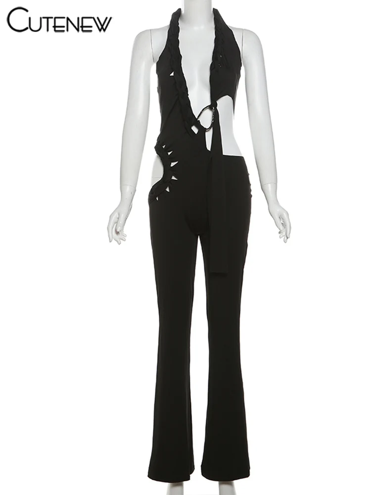 Hollow Out Sexy Jumpsuits Women Summer Fashion Halter Woven Low Neck Skinny Ribbons Overalls Female High Street Clubwear