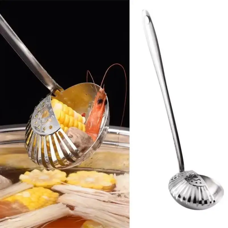 Kitchen Tableware Dual-use Soup Spoon Long Handle Stainless Steel Soup Ladle With Removable Filter Colander Utensils Scoop