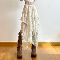 Lace Layered Skirt Vintage Y2K Boho Skirt Pants Fashion High Waist Asymmetrical A-line Skirt 2025 Korean Style Women's Clothing - Image 4