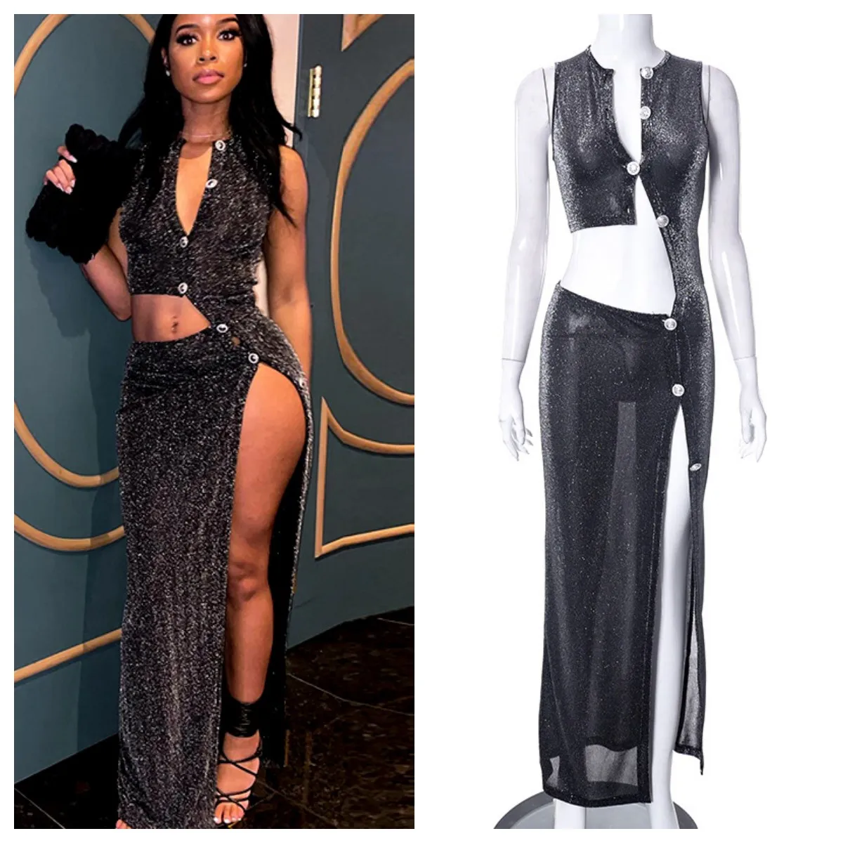 

Women High Side Split Club Dress Sleeveless Button Front Cutout Waist Slim Maxi Long Midi Bodycon 2023 Party Evening Dresses