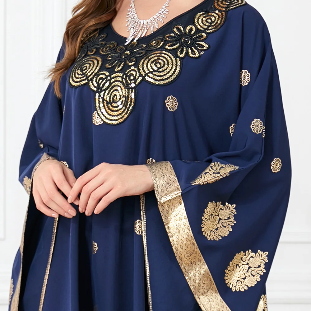 Muslim Blue Hot Gold Print Bat-Sleeve Loose Dresses Autumn New Elegant V-Neck Women's Kaftans Casual Outing Daily Arab Kaftans