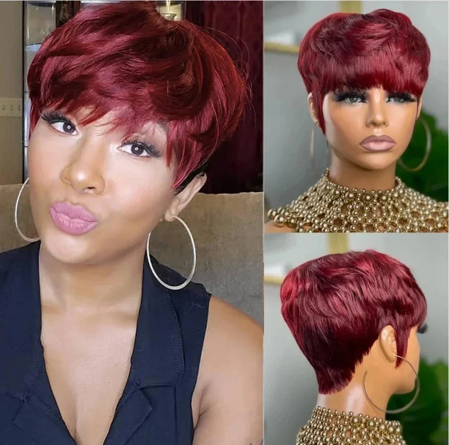 Human Hair Wigs Lolely Dream 99J Red Colored Pixie Cut Straigt Peluca Humana Baratas Full Machine