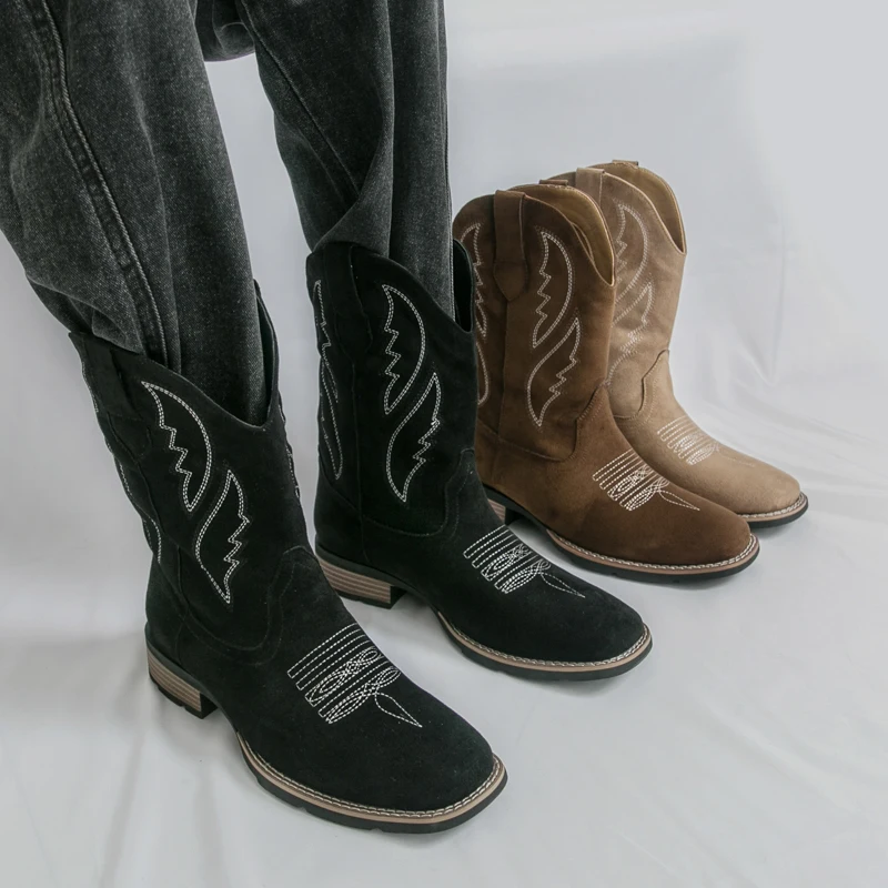 New Western Men's Cowboy Boots Vintage Mid-calf Motorcycle Boots Fashion Suede Leather Men's Boots Outdoor Casual Riding Boots - 6
