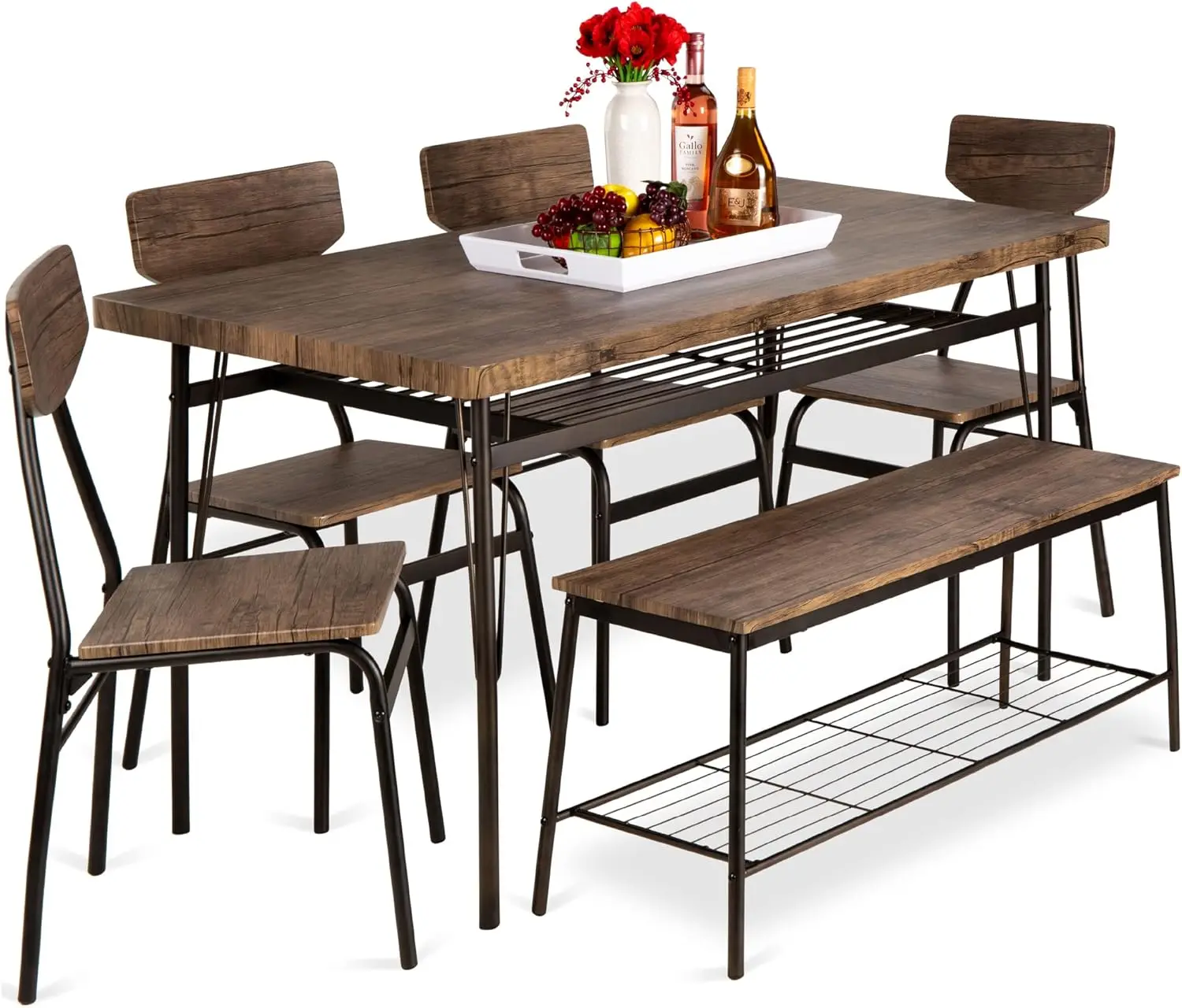 6-Piece 55in Modern Dining Set for Home Kitchen Dining Room w/Storage Racks Rectangular Table Bench 4 Chairs Steel Frame