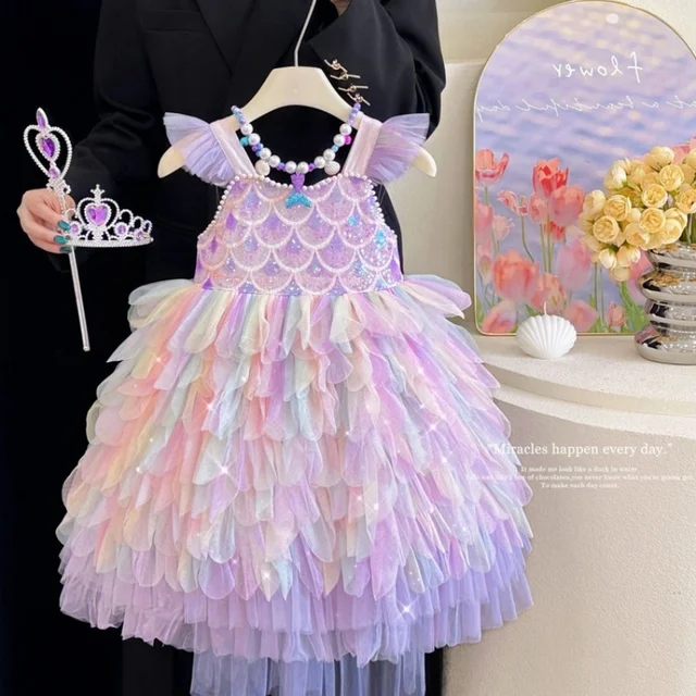 Une robe de sirène douce et adorable pour filles en violet clair, tenue de fête scintillante et colorée à paillettes, en promotion 1