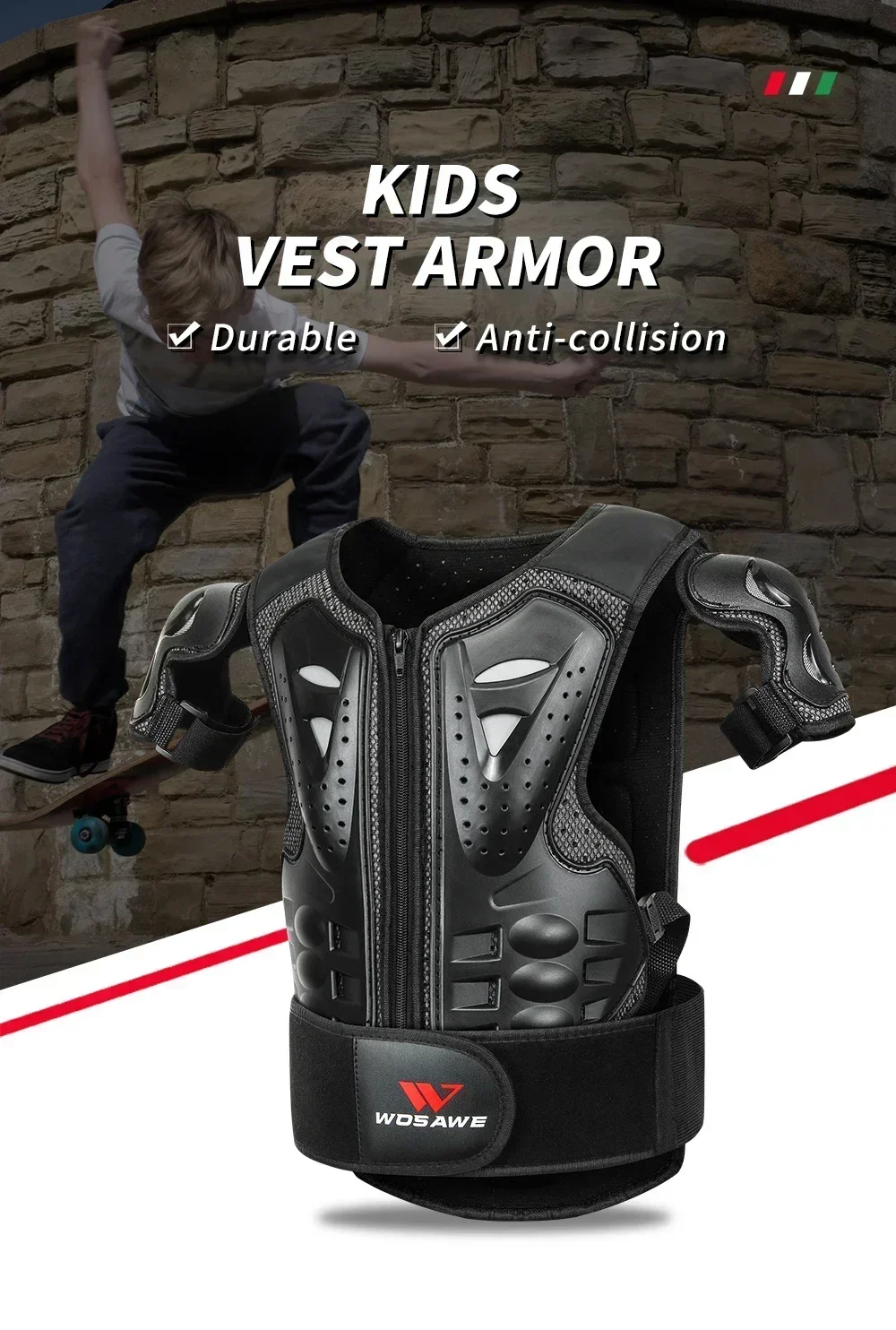 Wosawe Outdoor Motocross children's armor Chest back skateboard pulley knee elbow hand protection set Full Body Armor
