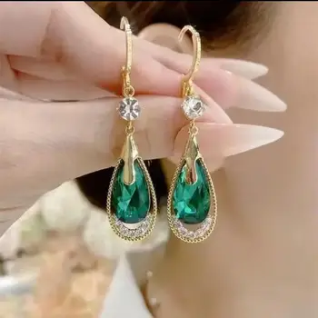 925 Silver Needle Korean Fashion Green Purple Crystal Drop Earrings For Women Jewelry 2025 Trending Water Droplet Earrings Gifts