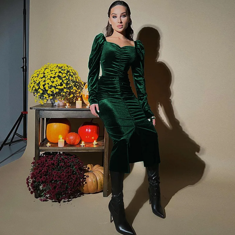 Damen Herbst Neues Samtkleid mit Puffärmeln, Plissee, Schlitze und Figurbetontem Schnitt