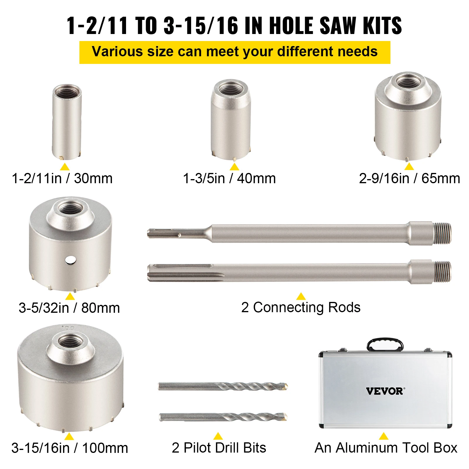 VEVOR Scie Cloche 5PCS Coffret de Scie Trépan 30mm 40mm 65mm 80mm 100mm  Trépan Béton en Acier Carbone 2 Mèches 2 Bielles SDS PLUS SDS MAX  Accessoires pour Perceuse Bosch DeWalt Perçage