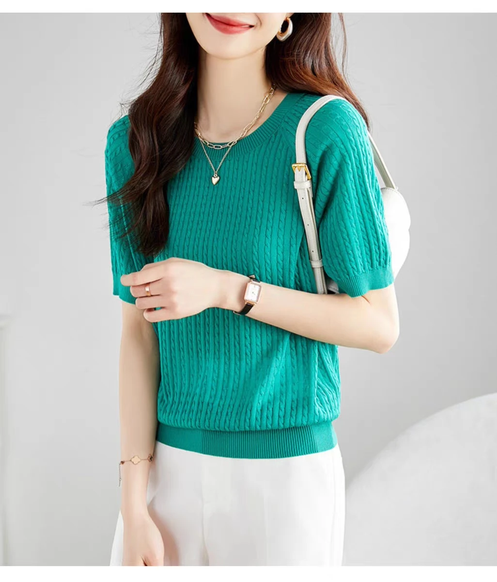 

Summer Women's Short-sleeved Crewneck Thin Cool Silk High-end French Short Knitted Sweater