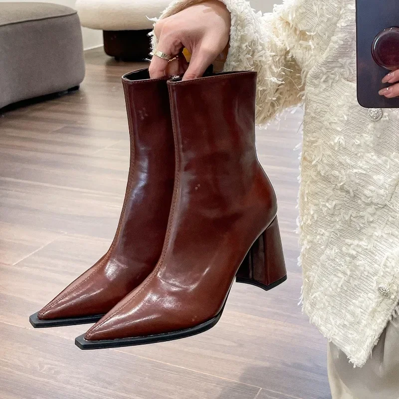 

Autumn Zipper Short Women's Shoes Vintage Brown Pointed Toe High Heeled Boots Women Boots Heels Women Ankle Boots for Women