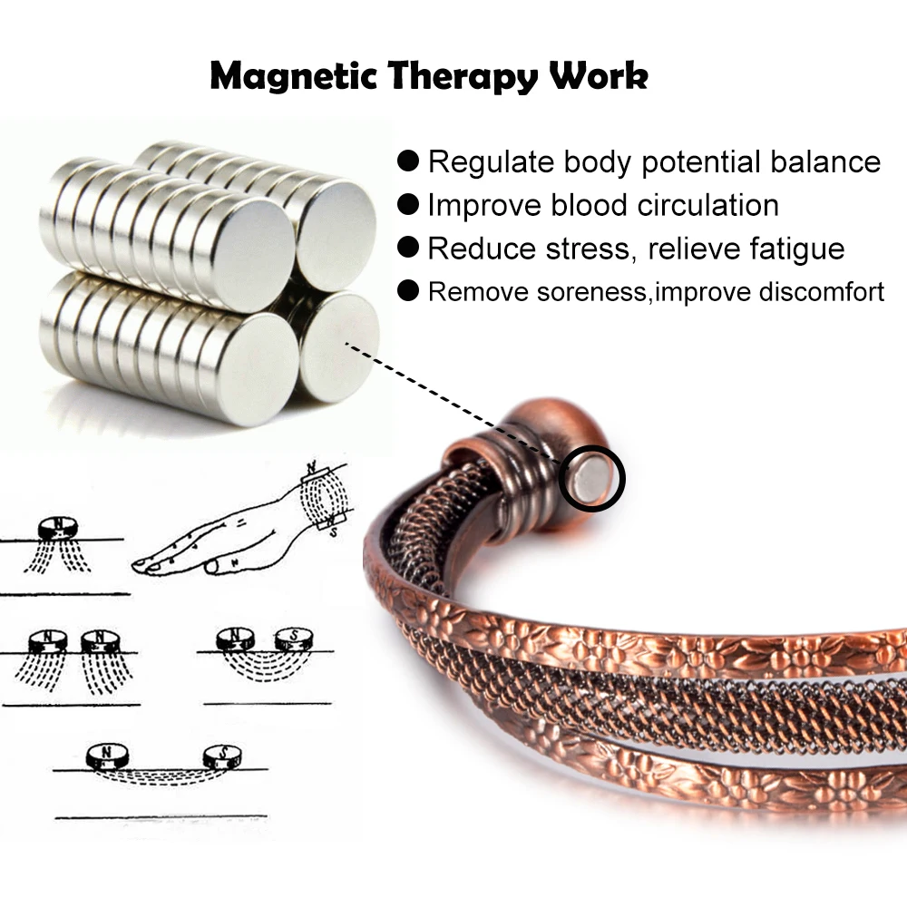 Vinterly Pure Copper Bracelets Female Magnetic Vintage Flower Adjustable Cuff High Magnets Bangle Soft Metal Women Gifts Jewelry 4