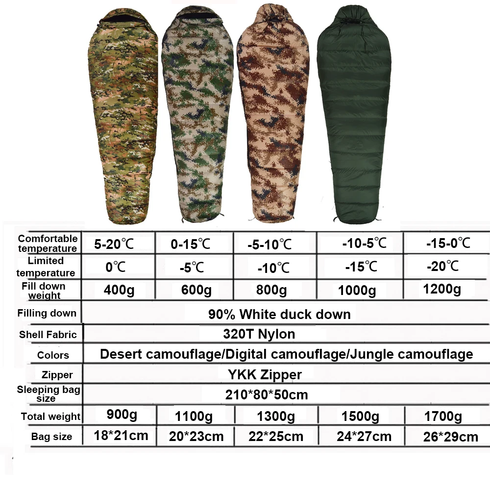 Sleeping Bag Survival Sleeping Bag Very Warm White Duck Down Filled Adult Mummy Style Sleeping Bag Fit for Winter Therma 3 Kinds of Thickness Travel Camping