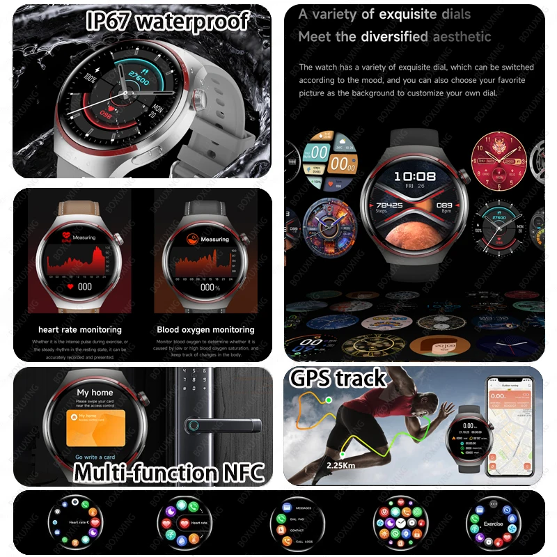 GT4 Pro GPS 스마트 워치 남녀공용, AMOLED HD 스크린, 블루투스 통화, NFC IP68 방수 시계, 심박수 스마트 워치, 2024 신제품
