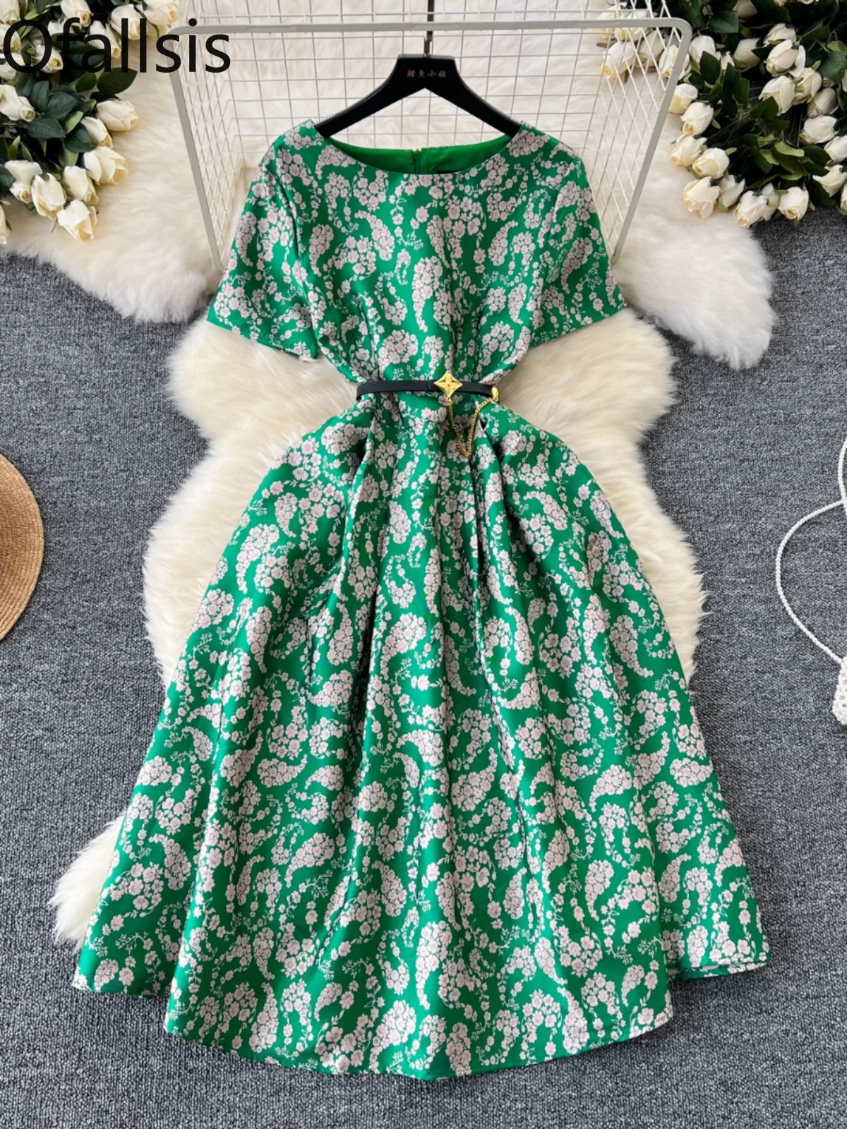 

Ofallsis French High end O neck Printed Evening Dress 2024 Summer Vintage Elegant Short Sleeved Printed Large Hem Puffy Dresses