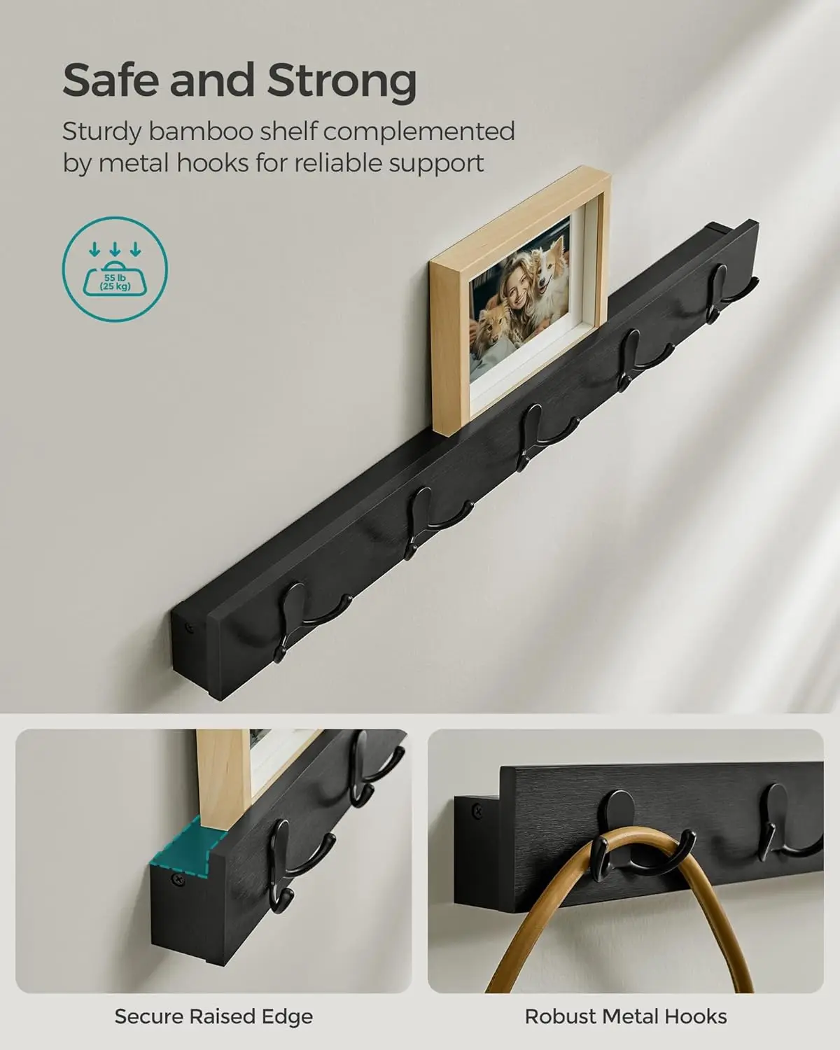 3-Tier Bamboo Shoe Rack Bench, Multifunctional, 5 Double Metal Hooks, for Entryway, Hallway, Bedroom