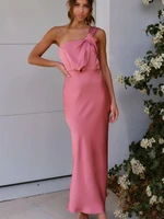 2025 Summer Fashion New Women's Satin Elegant Dress with Slanted Shoulders and Sexy Hip Hugging Style Solid Color Skirt - Image 4