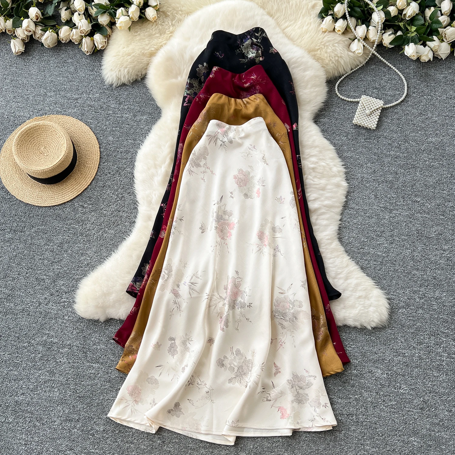 Sexy satin Chic print glitterHigh Waist Hip Wrap summer split sweet Full Skirt women clothing