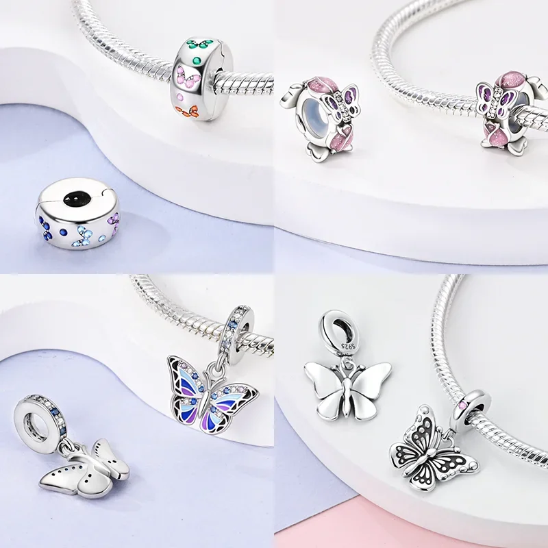 Elegant Blue Dragonfly and Butterfly Charm Bracelet in Original 925 Silver